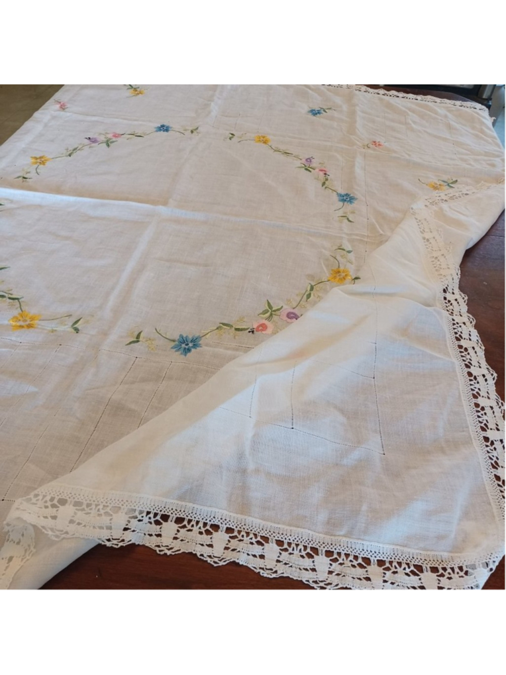 Vintage Light linen tablecloth with floral embroidery